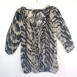 Express Blouse Womens Medium Top Black White Animal Print Sheer Tie Keyhole Neck